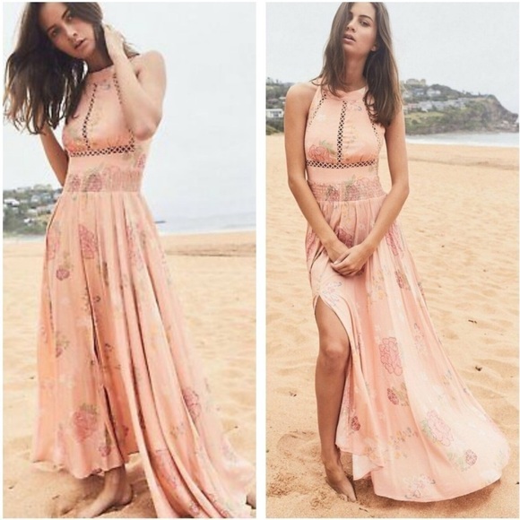 Jaase Endless Summer Bohemian Pink Floral Maxi Dress Smocked Halter Open Back M - Picture 1 of 16